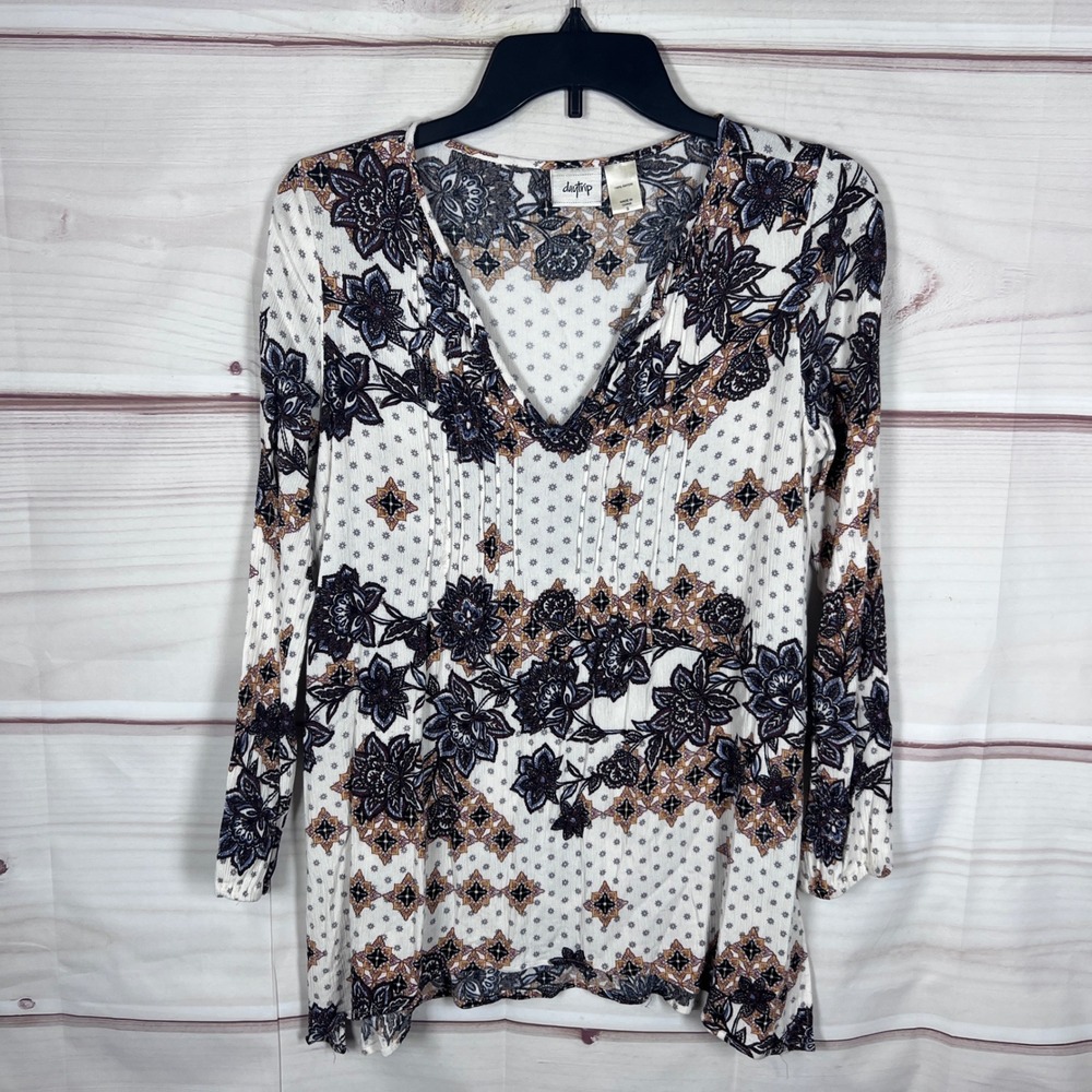 Daytrip Tunic Top Women Small White Floral Boho V-Neck Rayon Long Sleeve Blouse